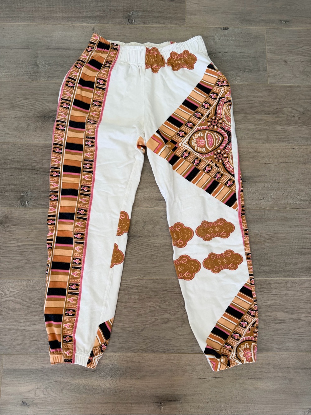 Indah White Track Pants with Pink, Tan & Black Geometric Trim